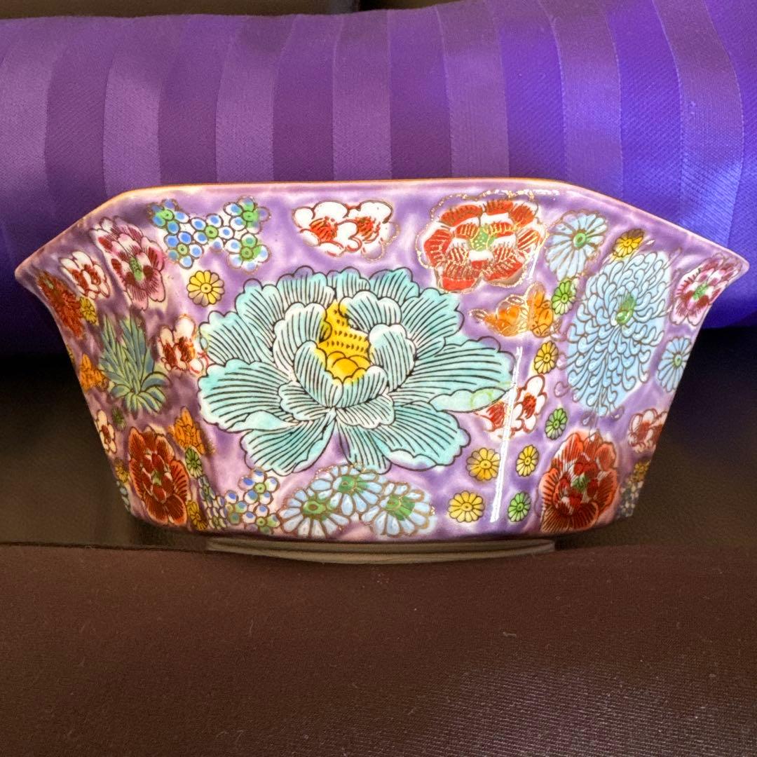 九谷焼 八角形 花柄皿 紫色