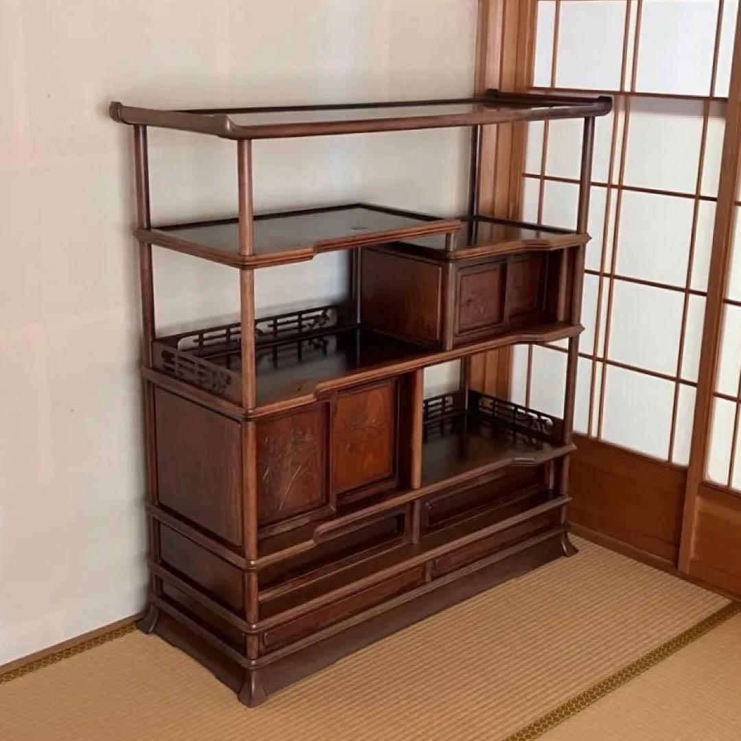 茶箪笥 かざり棚 和風木製オープンシェルフ 引き出し付き