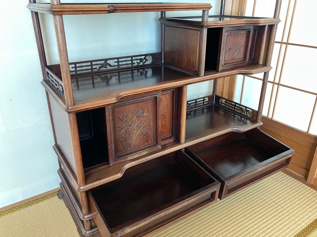 茶箪笥 かざり棚 和風木製オープンシェルフ 引き出し付き