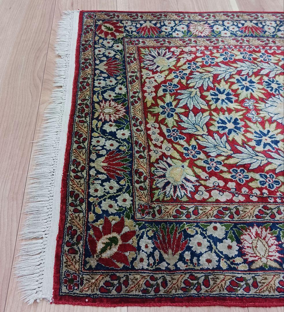 Y3347 中国シルク絨毯 シルク100% 手織り240段 85×68㎝