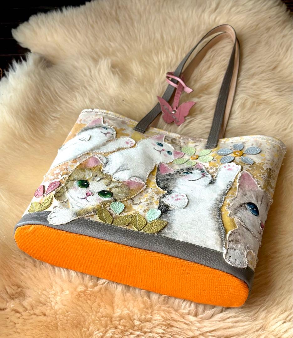(手づくり)\"いろんな子たち\"ねこイヌアップリケトートバッグネコわんちゃん