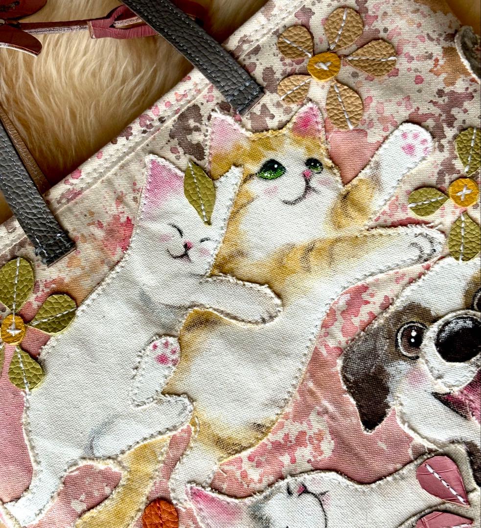 (手づくり)\"いろんな子たち\"ねこイヌアップリケトートバッグネコわんちゃん