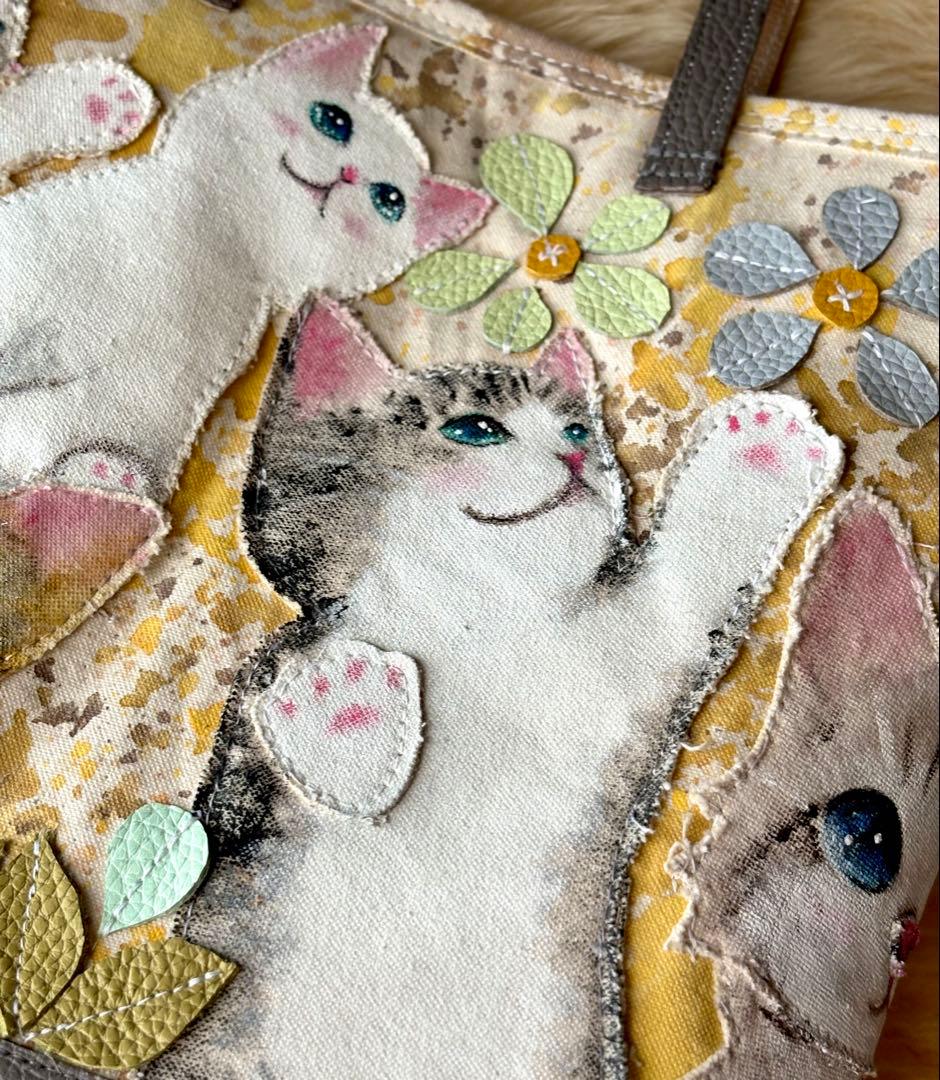 (手づくり)\"いろんな子たち\"ねこイヌアップリケトートバッグネコわんちゃん
