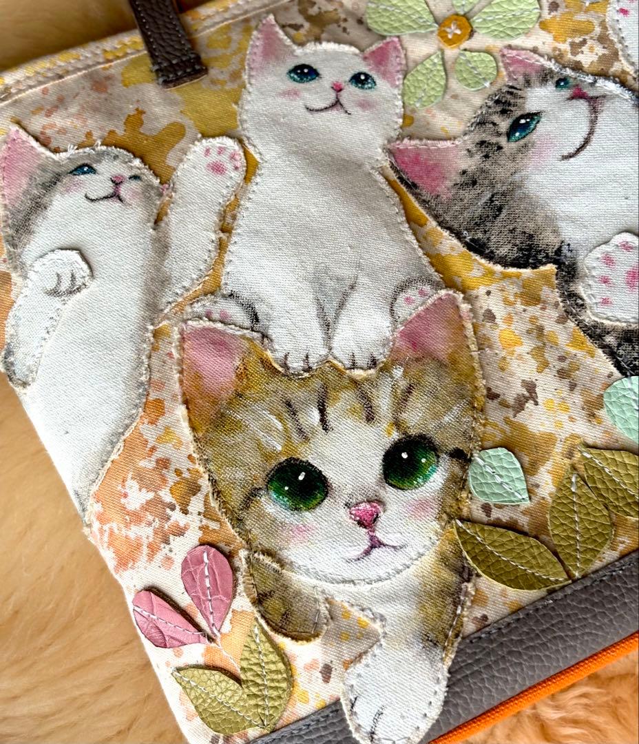 (手づくり)\"いろんな子たち\"ねこイヌアップリケトートバッグネコわんちゃん