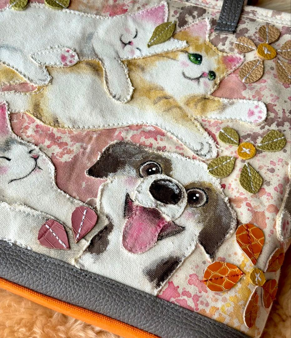 (手づくり)\"いろんな子たち\"ねこイヌアップリケトートバッグネコわんちゃん