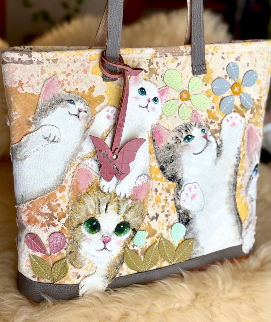 (手づくり)\"いろんな子たち\"ねこイヌアップリケトートバッグネコわんちゃん