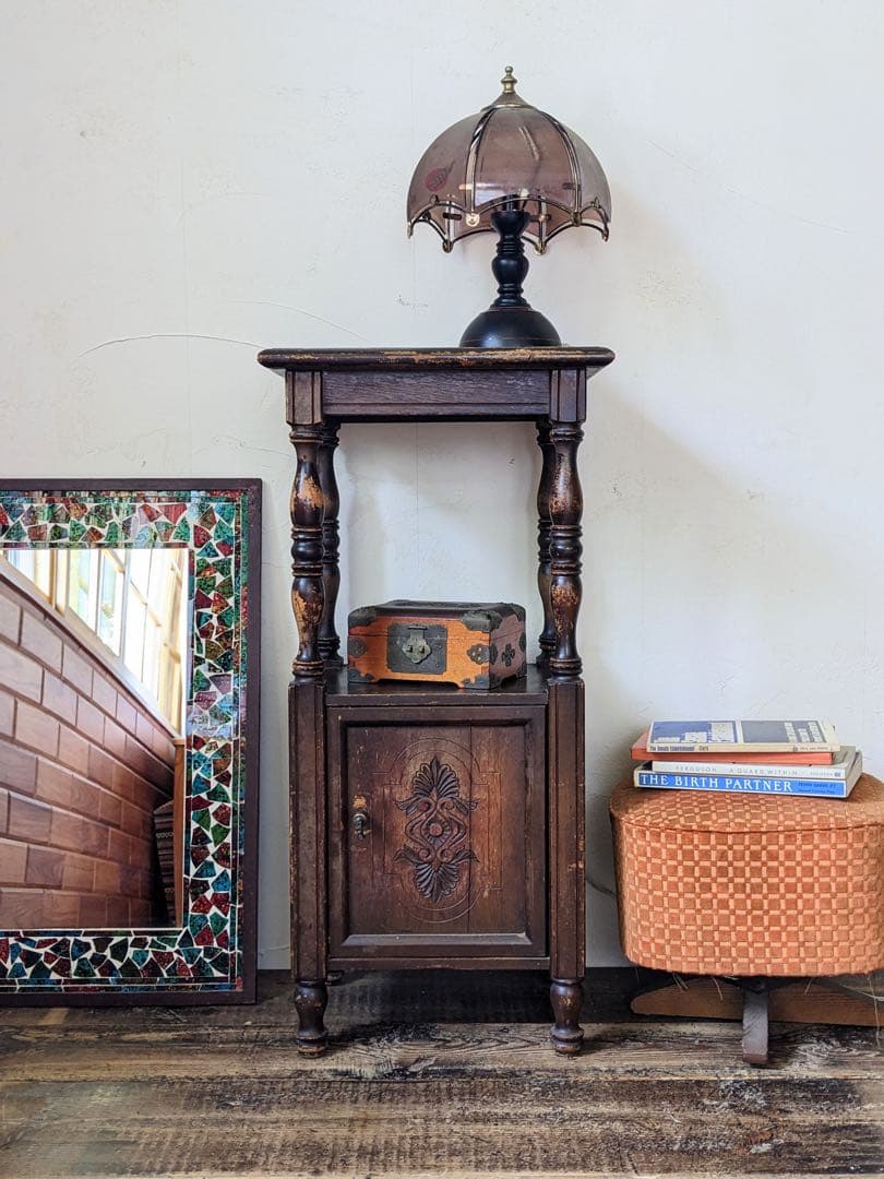 時をかける電話台　アンティーク 木製飾り棚