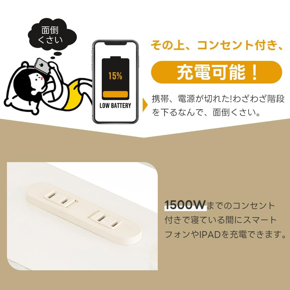 ロフトベッド　移動可能デスク付き　シングルサイズ　コントロール棚付き　WHITE