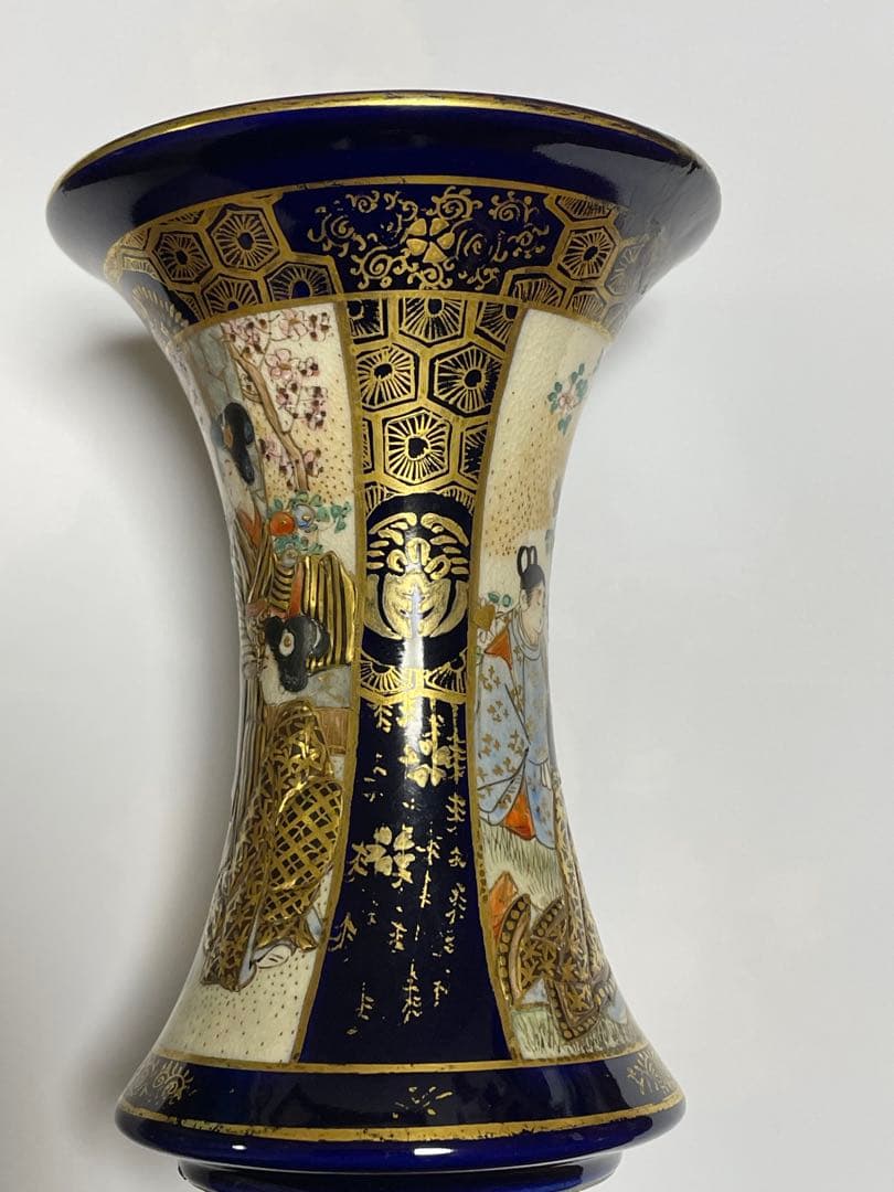 京薩摩　瑠璃金蘭手人物図広口小瓶　楠部造　古美術　骨董　直しあり