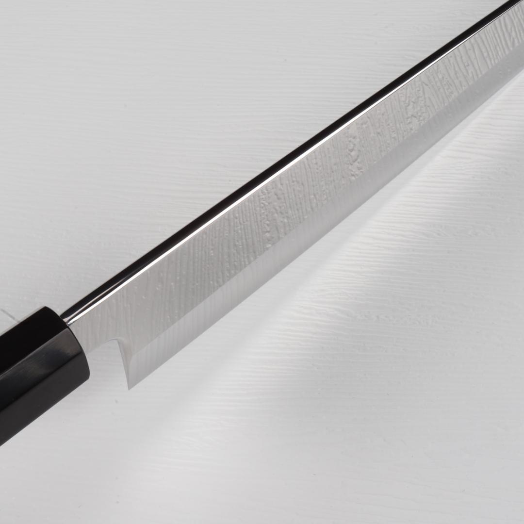 7348 柳刃包丁 鞘付き 尺 ウルトラ鏡面仕上げ 黒檀黒水牛角二本銀巻八角柄