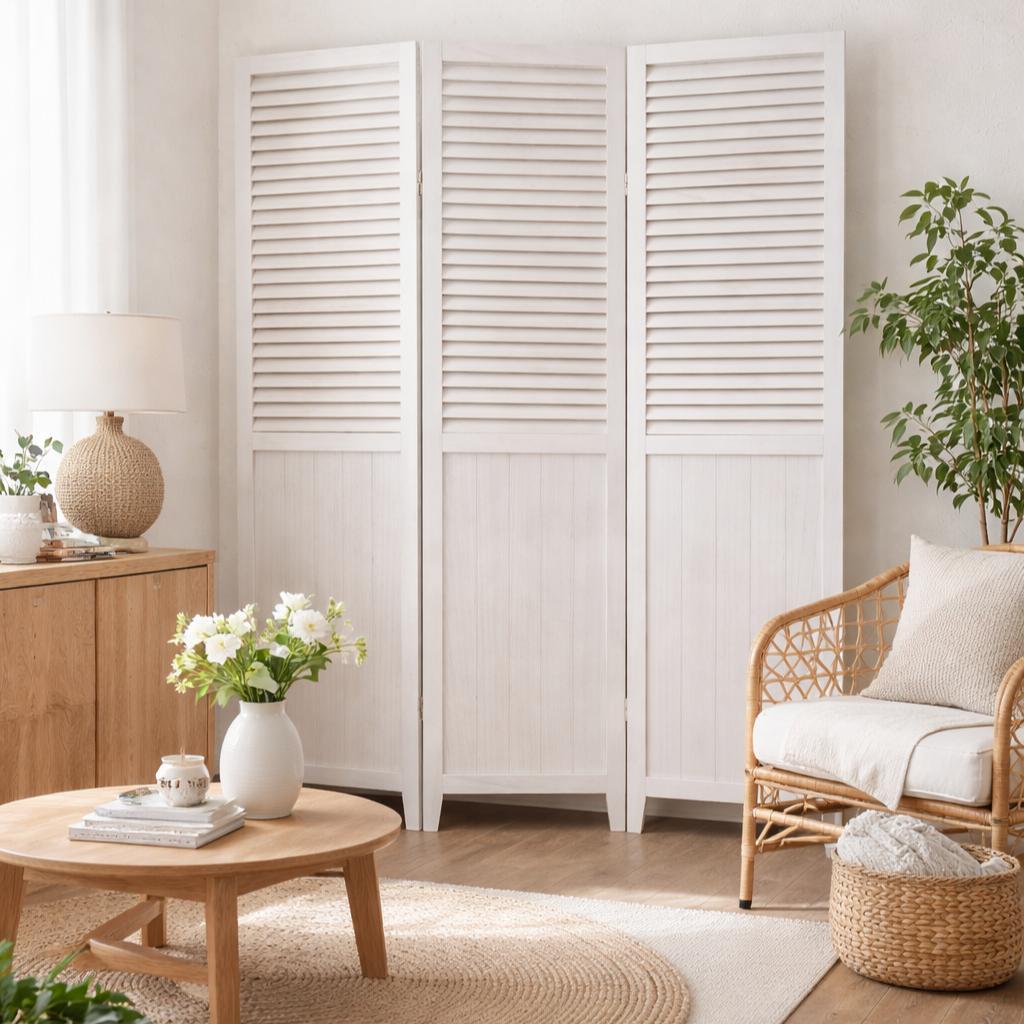 【新品】木製ルーバー パーテーション 3連　シャビーホワイト　アンティーク調