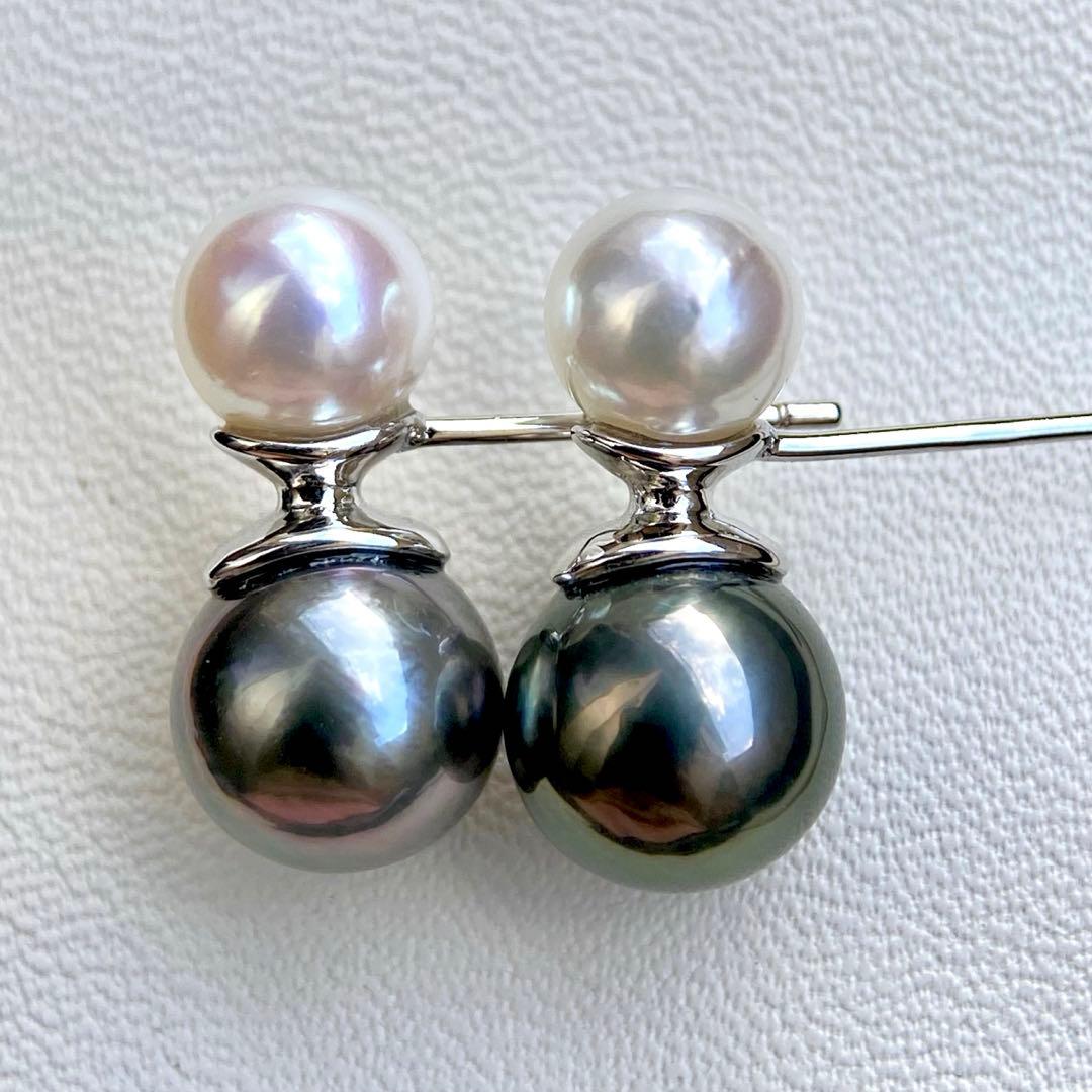 本真珠南洋黒蝶真珠とあこや真珠　双色　双子デザインs925ピアスBL932