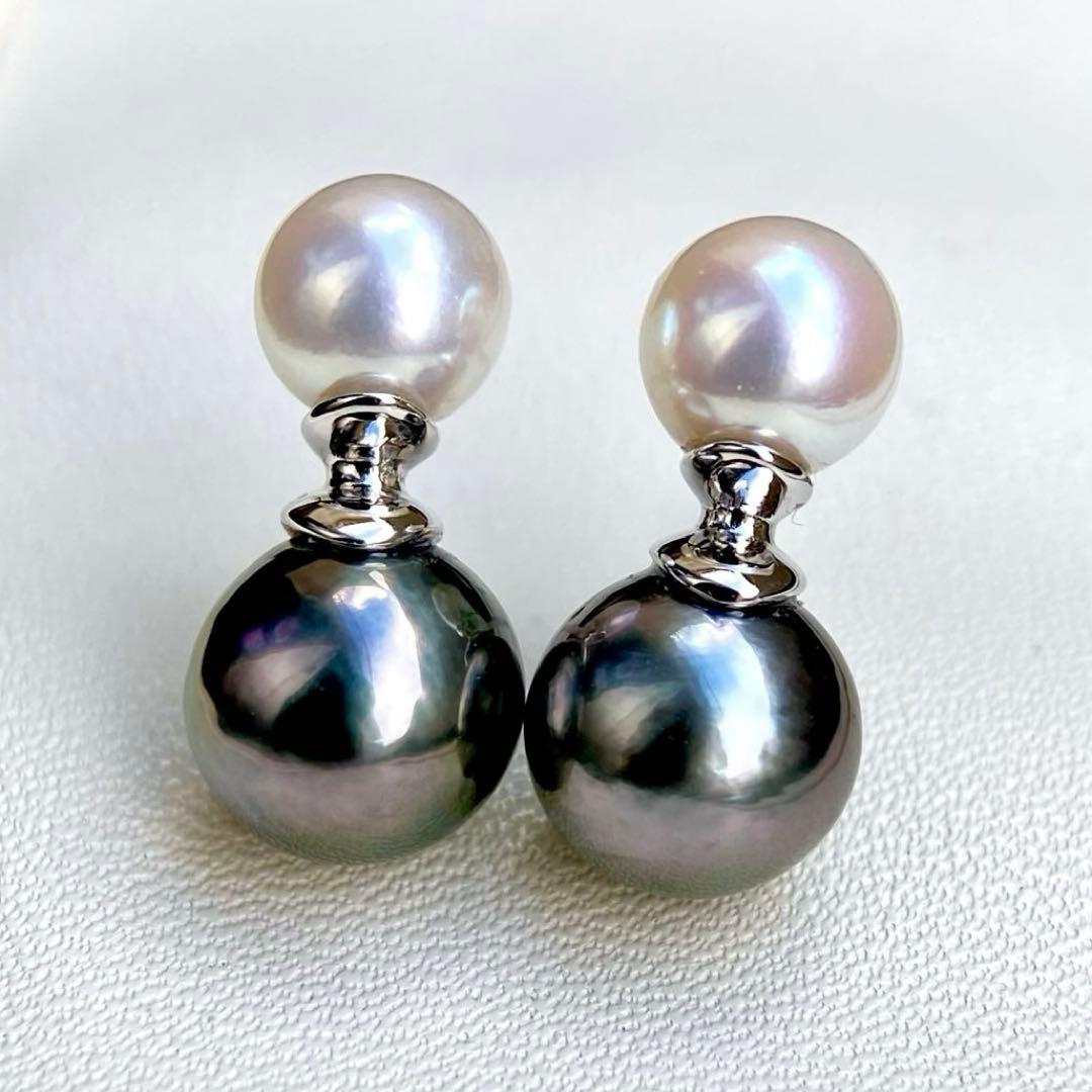 本真珠南洋黒蝶真珠とあこや真珠　双色　双子デザインs925ピアスBL932