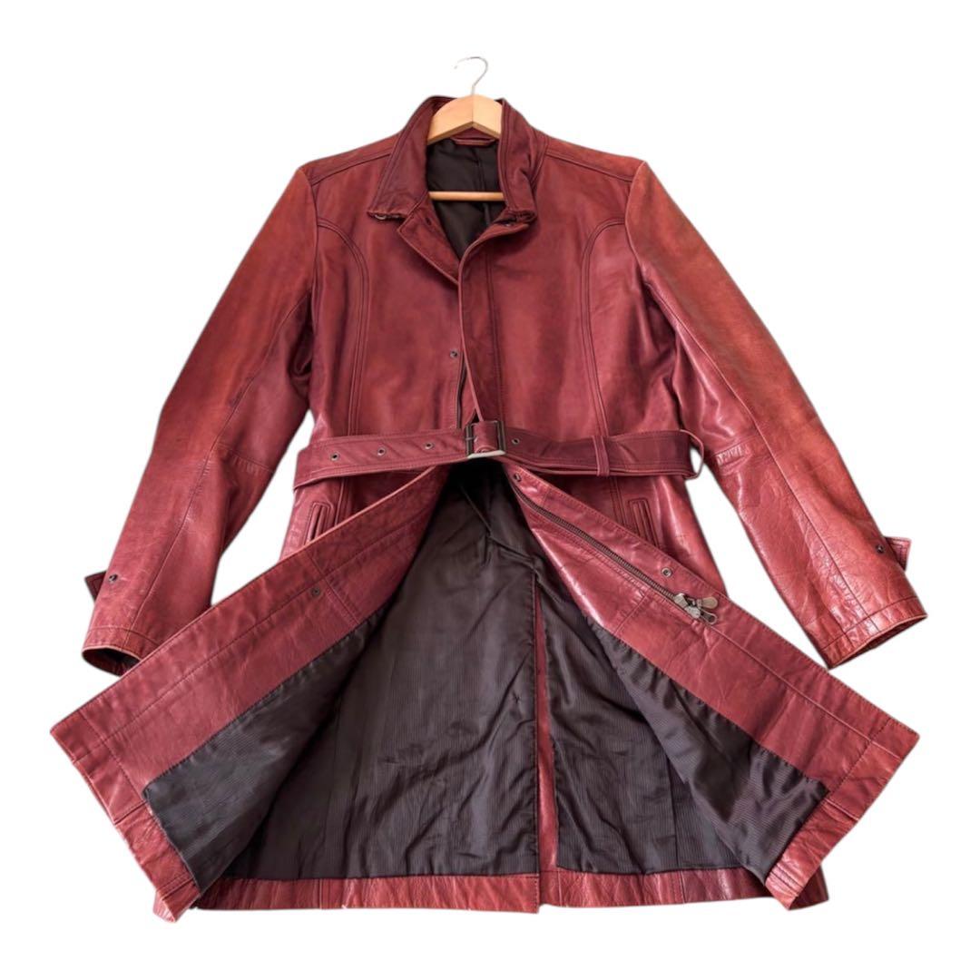 ジャケット・アウター TornadoMart Red Leather Belted Long Coat