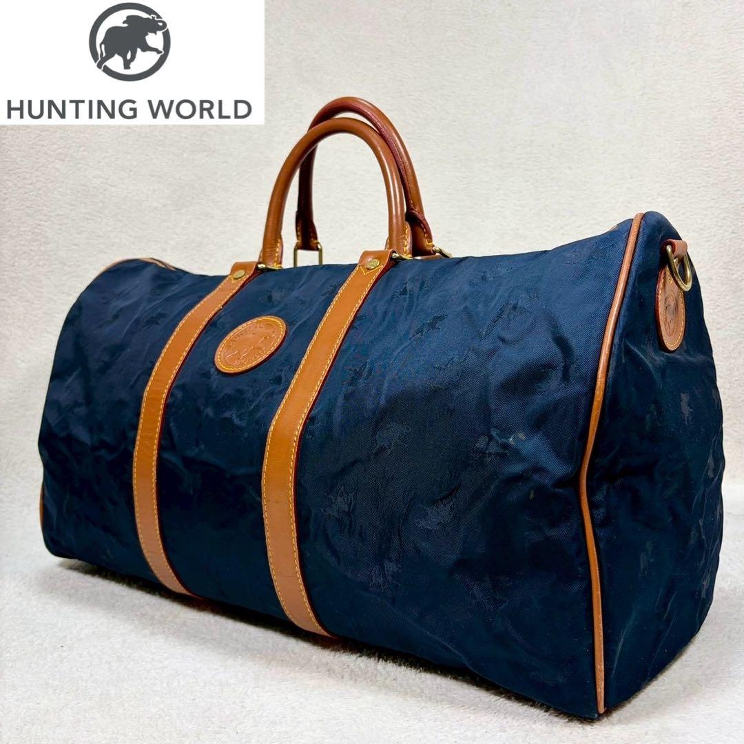 【美品✨】ハンティングワールド　ボストン 紺　総柄　バチュークロス　2way