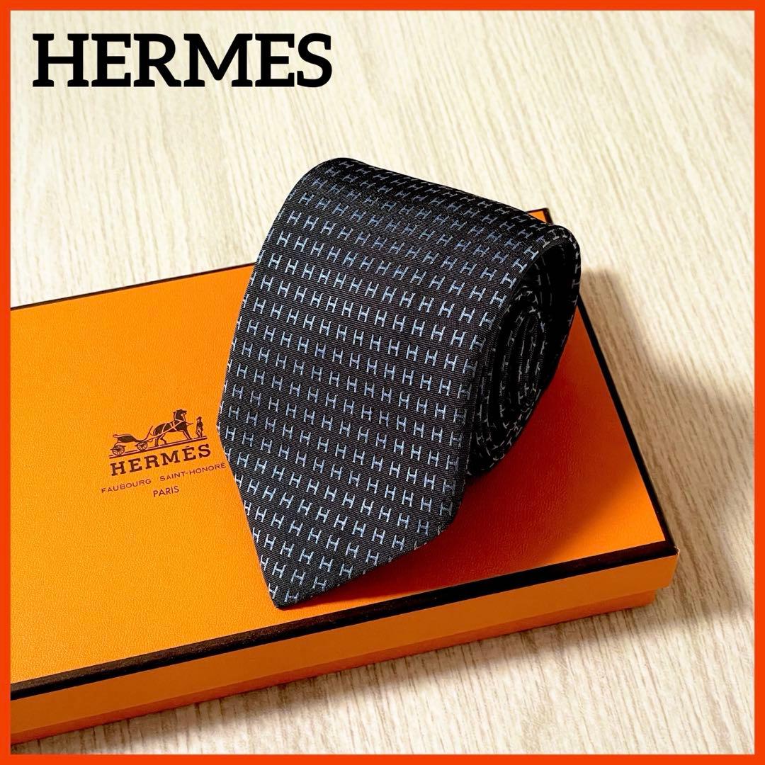 HERMES　エルメス　ネクタイ　ファソネ　総H柄 H織　グレー　ブルー　シルク