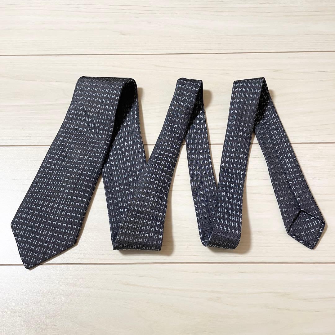 HERMES　エルメス　ネクタイ　ファソネ　総H柄 H織　グレー　ブルー　シルク