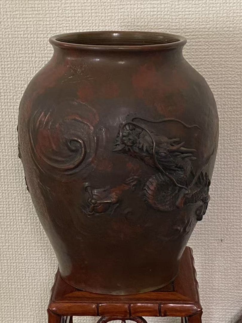 時代物 銅製 雲龍の浮彫 花入 瓮