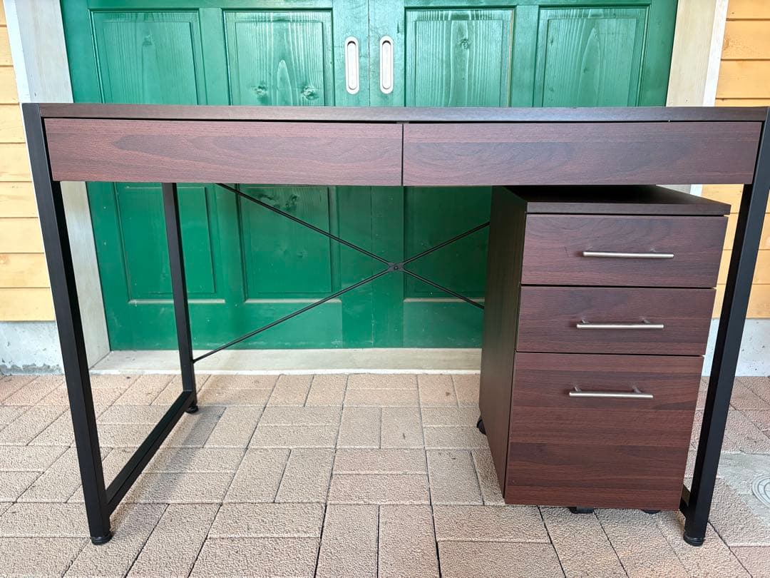 ★美品★ダークブラウン木製デスク 2引き出し 3段キャビネット 佐賀発