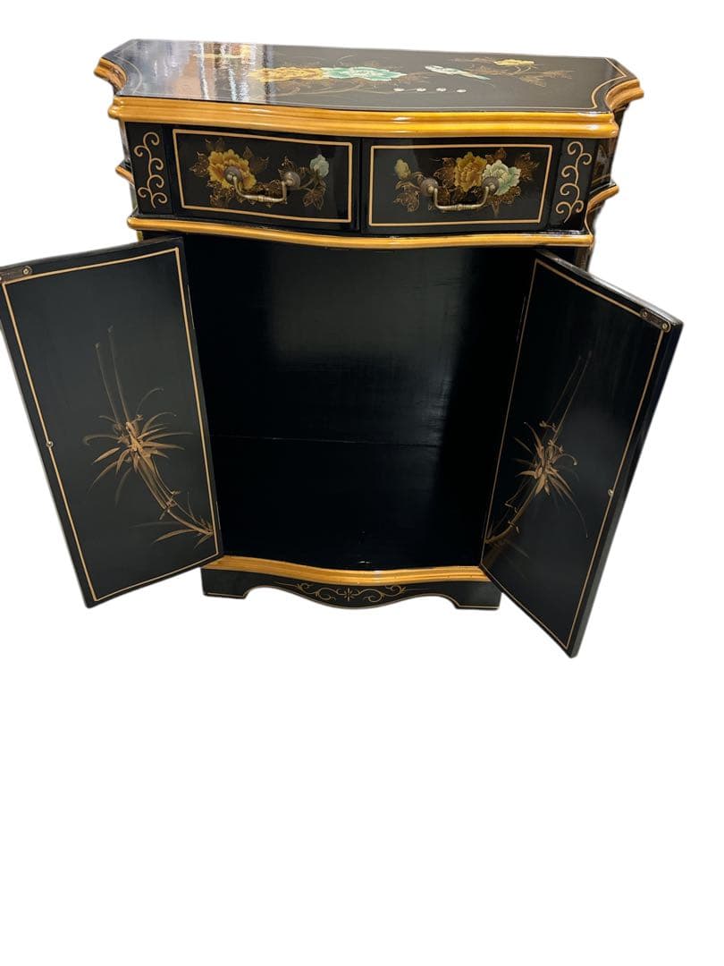 逸品 黒漆 中国美術 花鳥文様 キャビネット箪笥/アンティーク
