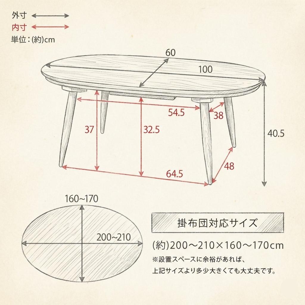 【新品・訳あり】北欧風 楕円形こたつ 100cm×60cm ブラウン 省エネ