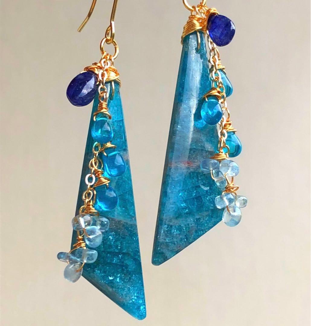 天然石ブルーパープルオーシャンジャスパーのピアス14kgf