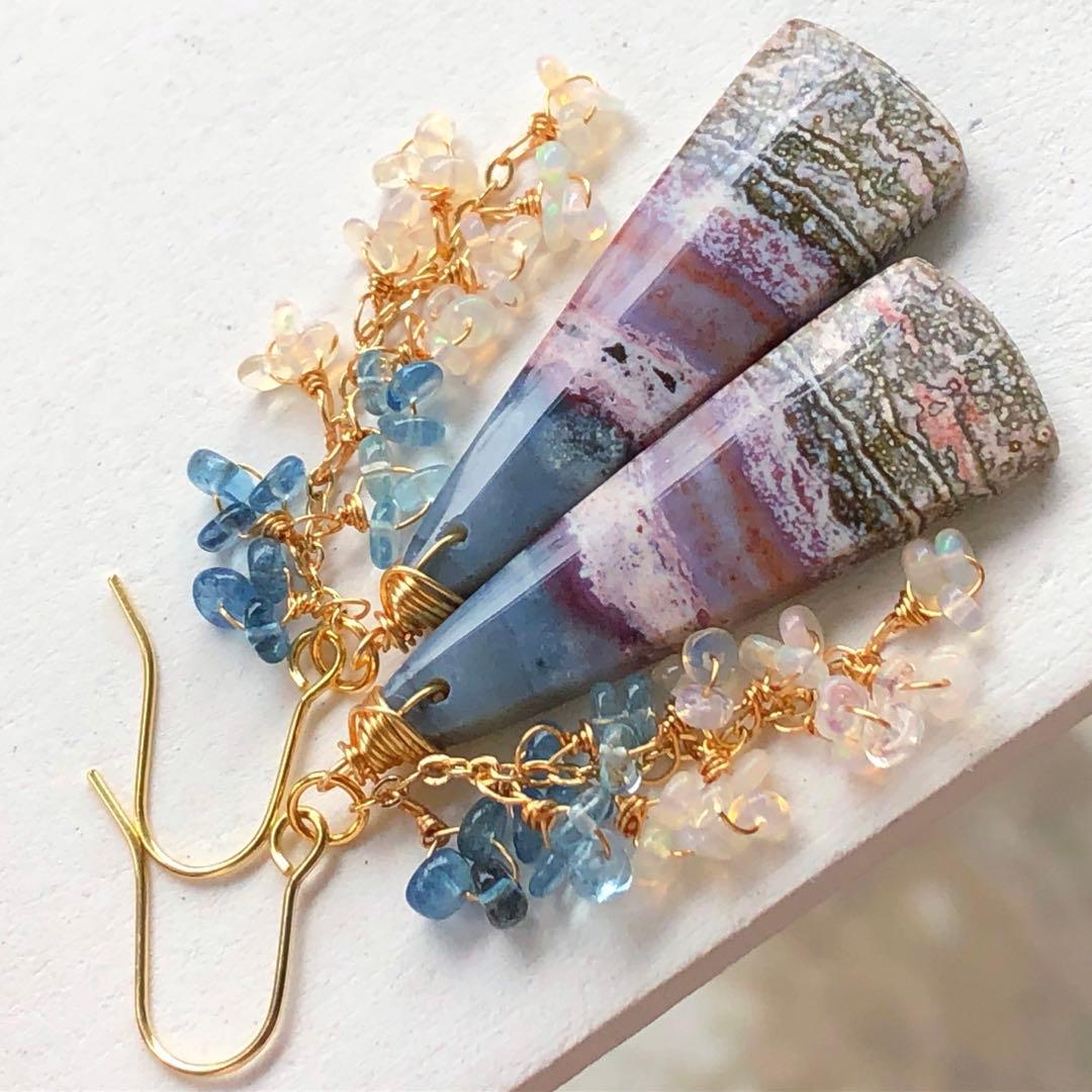 天然石ブルーパープルオーシャンジャスパーのピアス14kgf