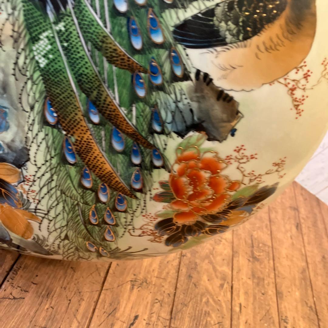 中国古美術 陶器製 金彩 孔雀 花柄 龍持ち手 大型 花瓶 ボトル型 花器
