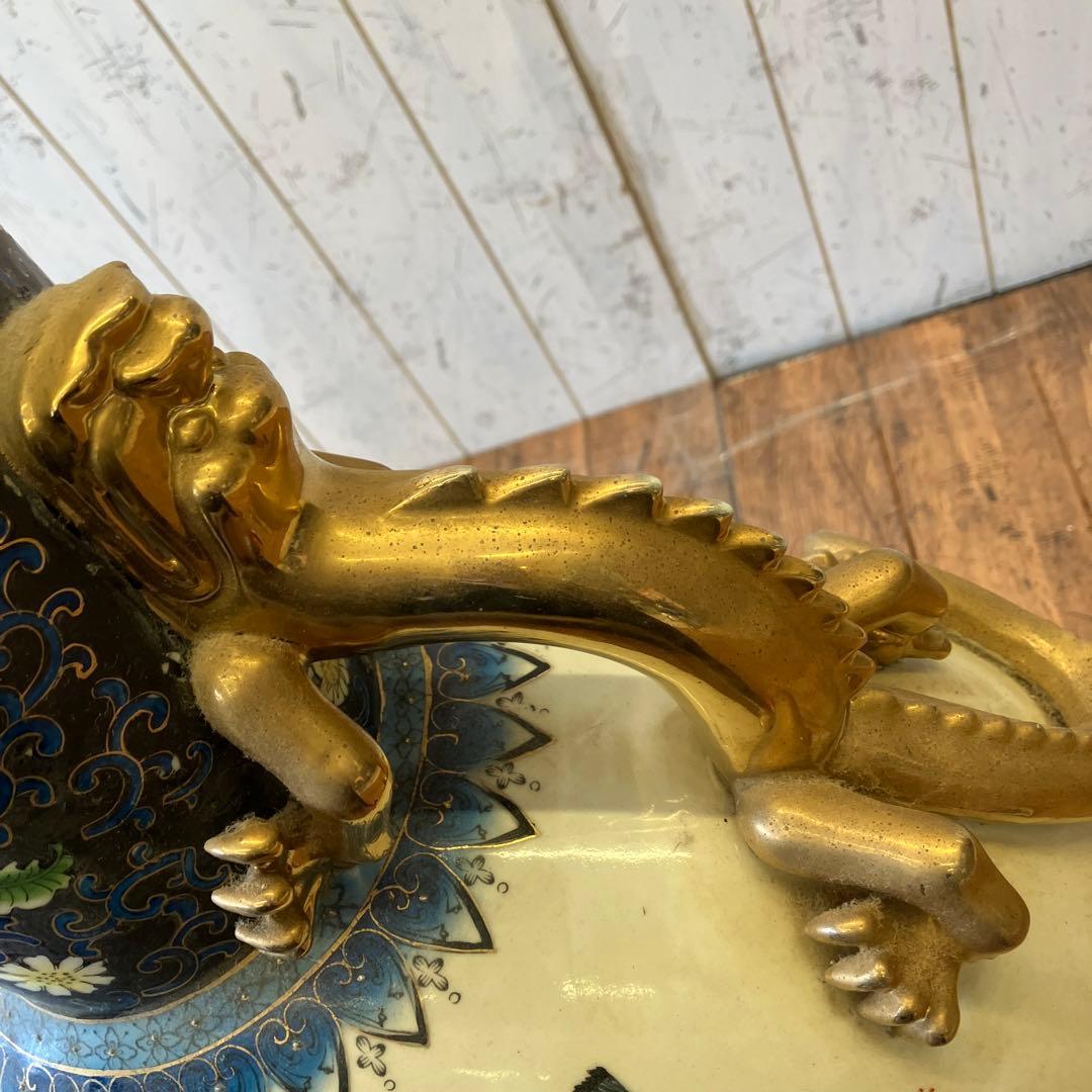 中国古美術 陶器製 金彩 孔雀 花柄 龍持ち手 大型 花瓶 ボトル型 花器