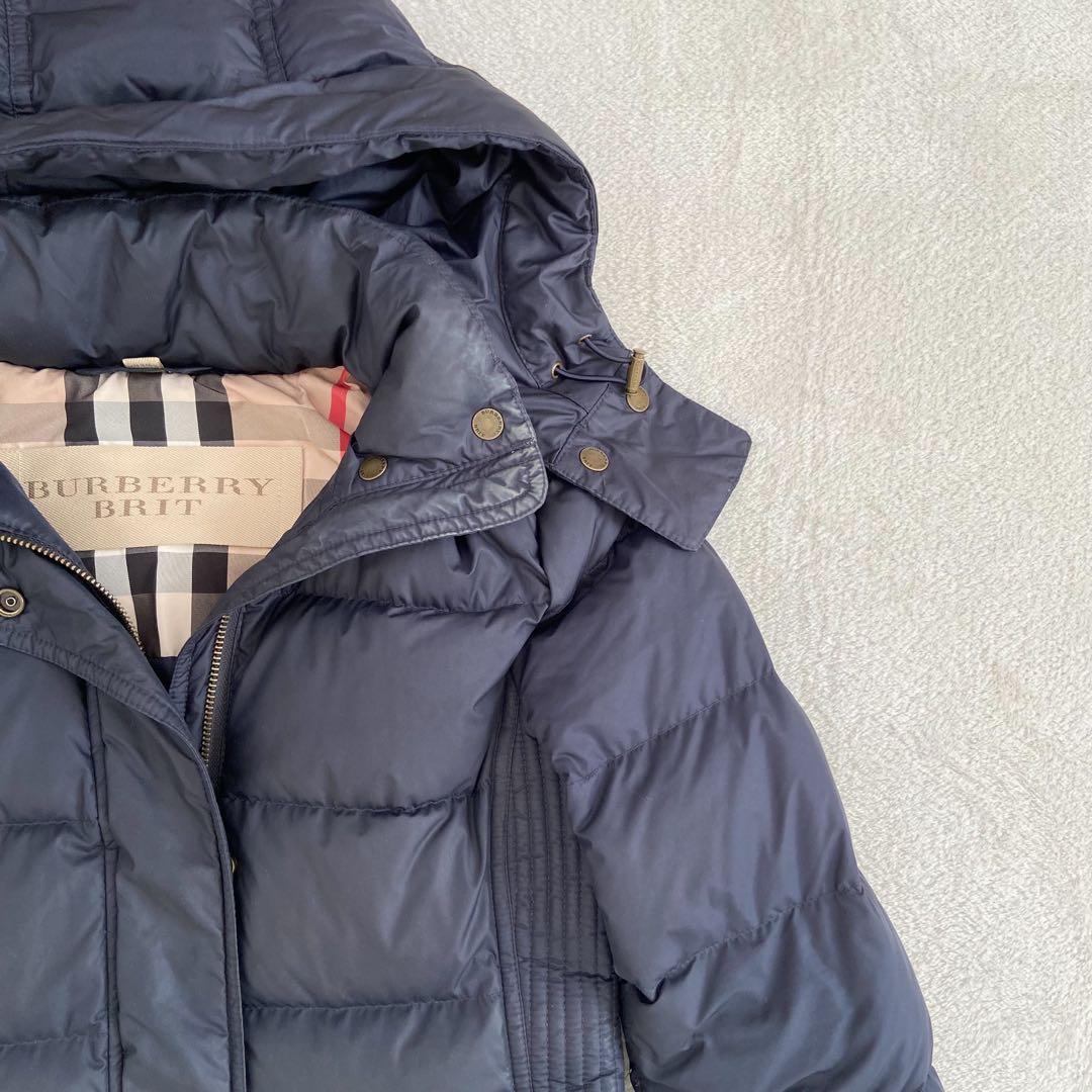 かわいいウサギBurberry ロングダウンコート　濃紺　メガチェック　M