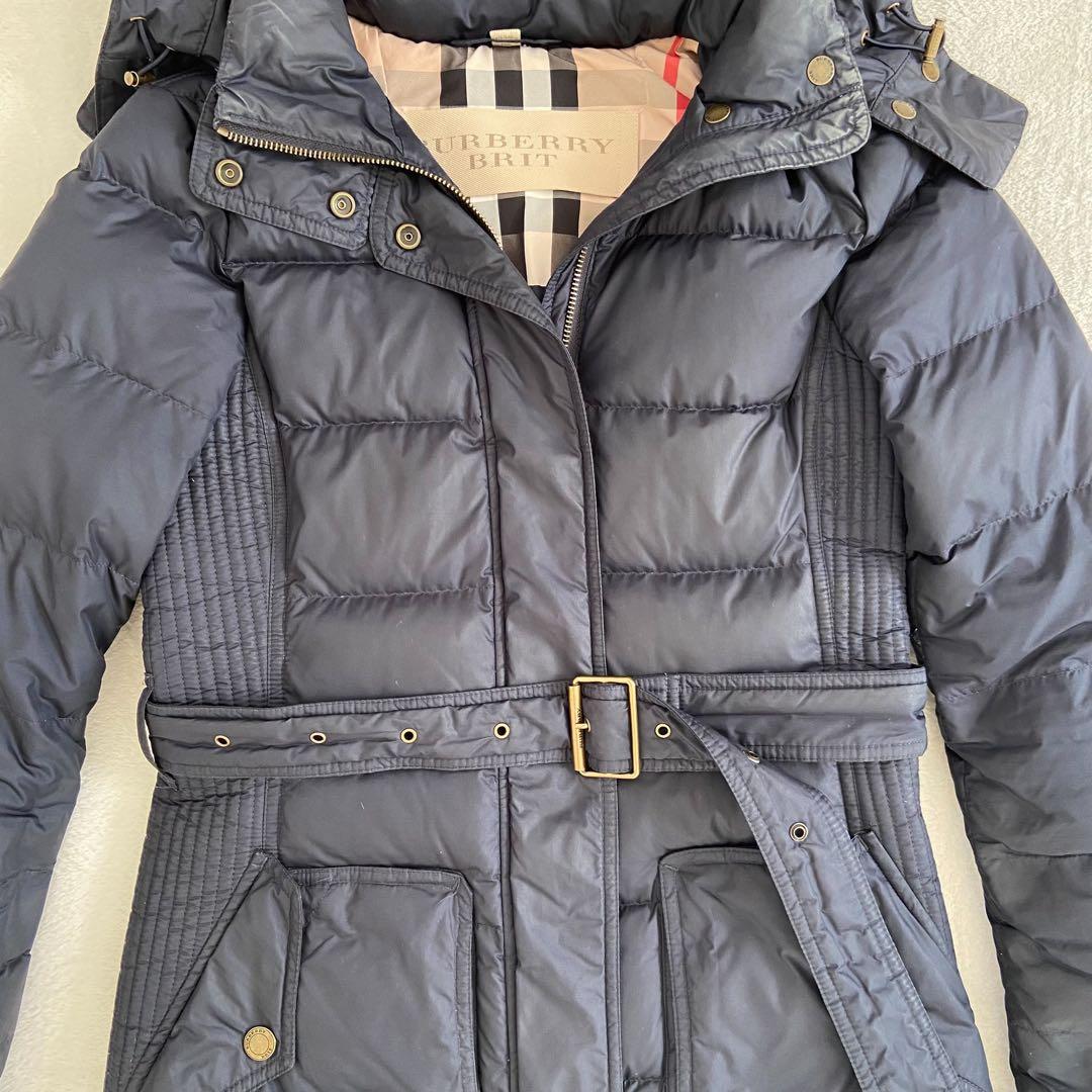 かわいいウサギBurberry ロングダウンコート　濃紺　メガチェック　M