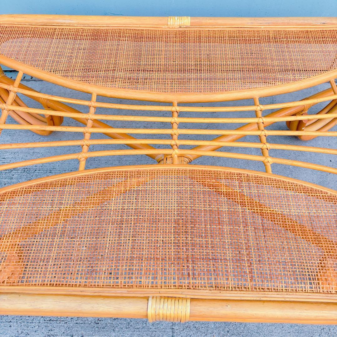 【チワワ様】流線デザイン ラタンガラスローテーブル 藤家具 古民具 昭和レトロ