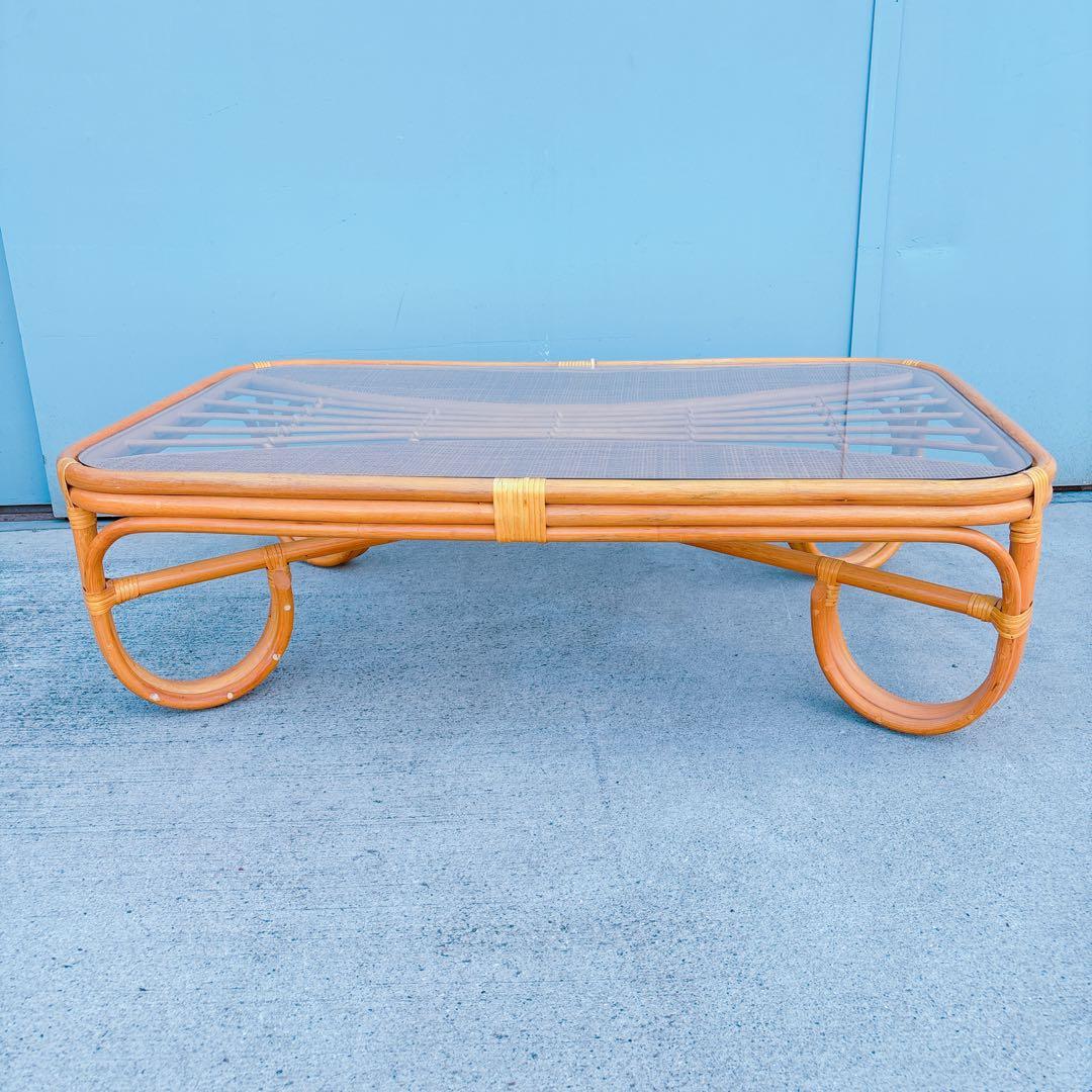 【チワワ様】流線デザイン ラタンガラスローテーブル 藤家具 古民具 昭和レトロ
