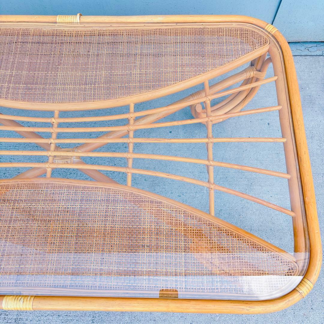 【チワワ様】流線デザイン ラタンガラスローテーブル 藤家具 古民具 昭和レトロ