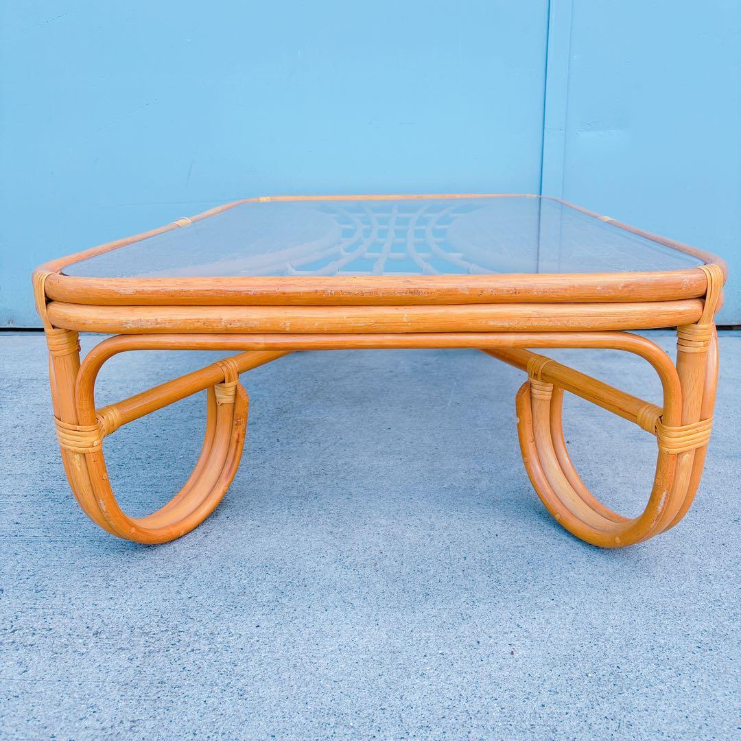 【チワワ様】流線デザイン ラタンガラスローテーブル 藤家具 古民具 昭和レトロ