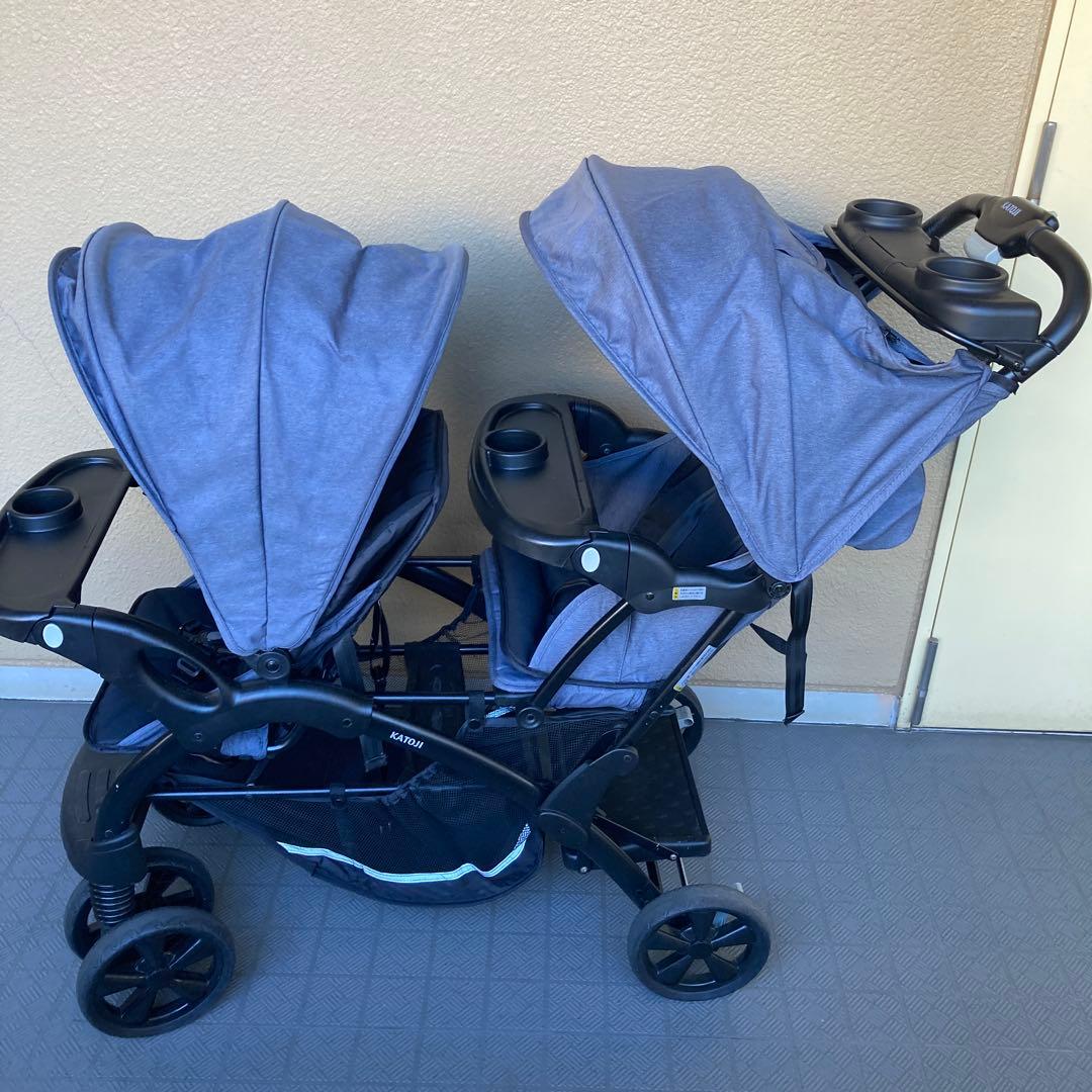 カトージ　ベビーカー二人でゴーDX デニム　レインカバー付き