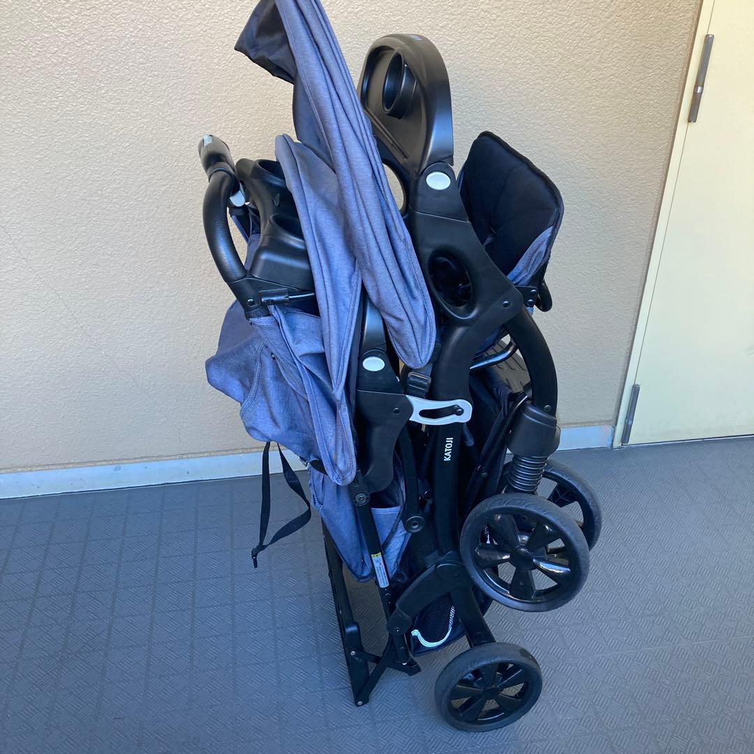 カトージ　ベビーカー二人でゴーDX デニム　レインカバー付き