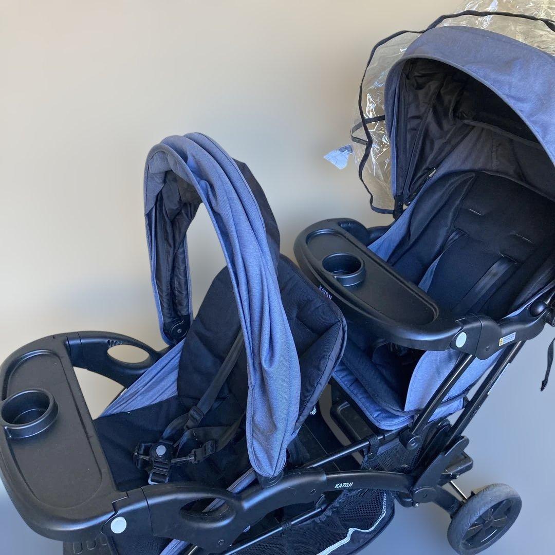 カトージ　ベビーカー二人でゴーDX デニム　レインカバー付き