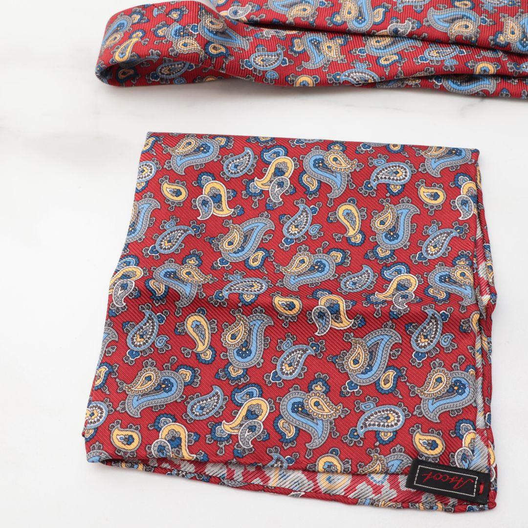 未使用 ASCOT ペイズリー柄 レッド ネクタイとポケットチーフ