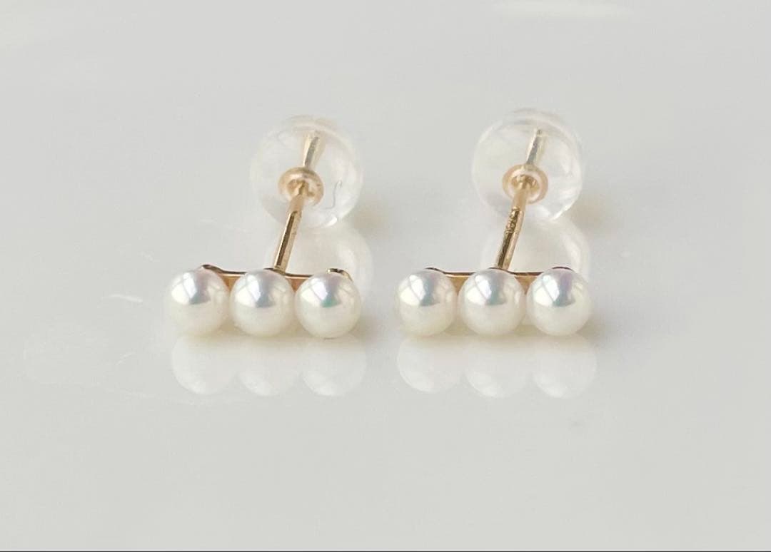 ミラー調本真珠 ほぼ無傷 k18 18金 ミニマルデザイン ピアス 一点物