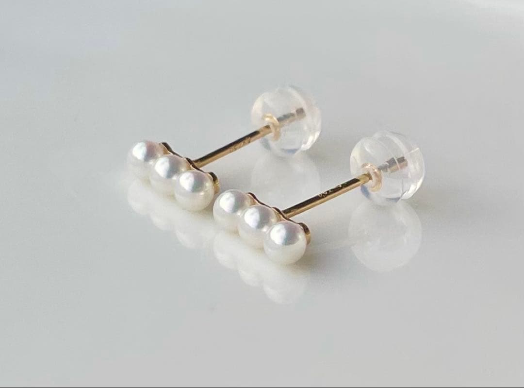 ミラー調本真珠 ほぼ無傷 k18 18金 ミニマルデザイン ピアス 一点物