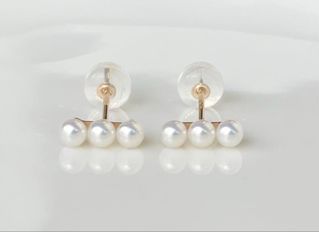 ミラー調本真珠 ほぼ無傷 k18 18金 ミニマルデザイン ピアス 一点物