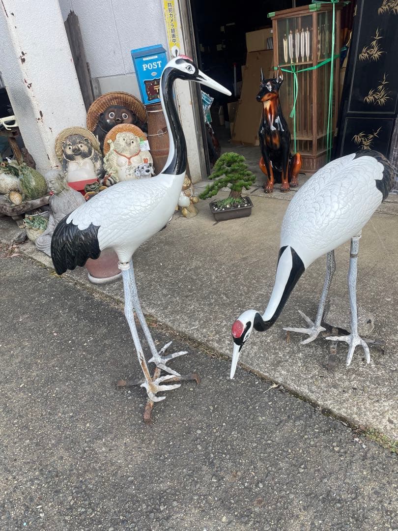庭園置物　鶴 2羽 古美術 縁起物　陶器 骨董 日本庭 オブジェ　高さ109cm