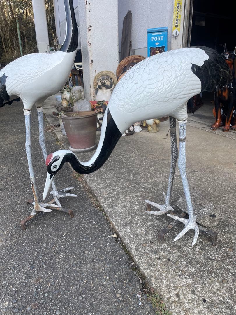 庭園置物　鶴 2羽 古美術 縁起物　陶器 骨董 日本庭 オブジェ　高さ109cm