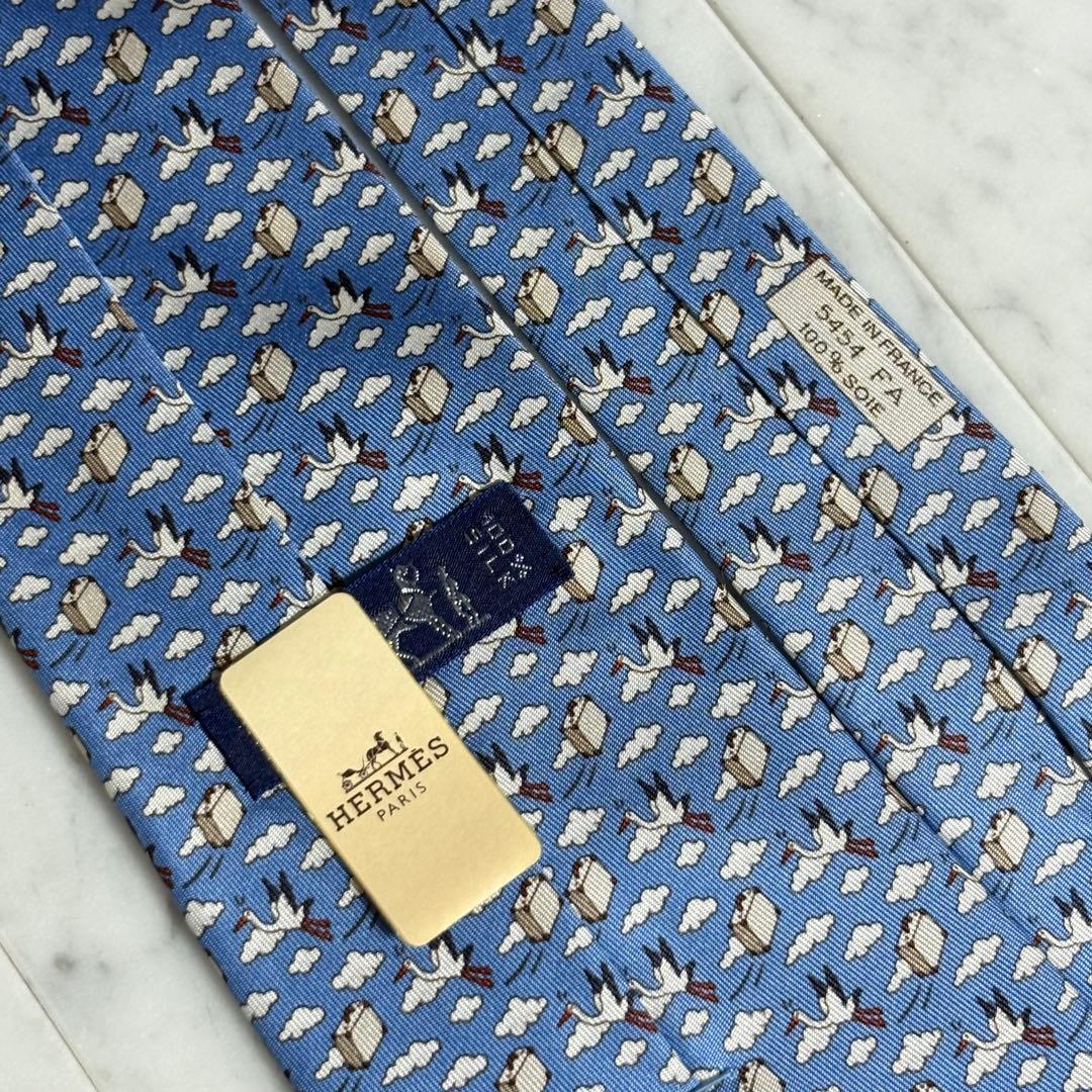 HERMES ネクタイ ブルー カモメ カバン 雲 フランス製