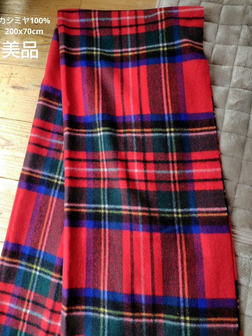 カシミヤ100%　チェック ストール　マフラー　赤　大判