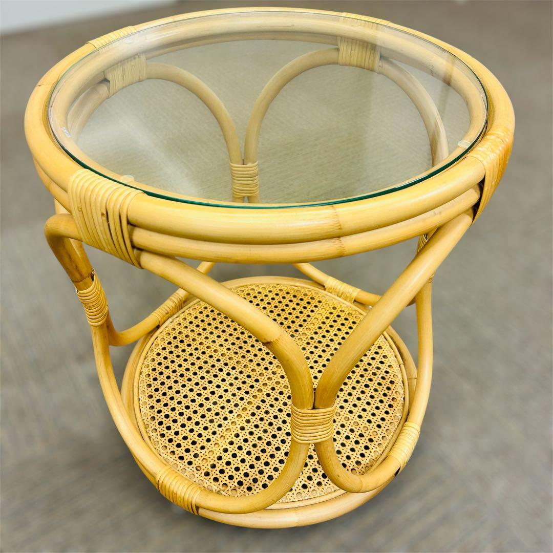 【状態良好】unico WEAVA ウィーバ サイドテーブル ラタン ガラス天板