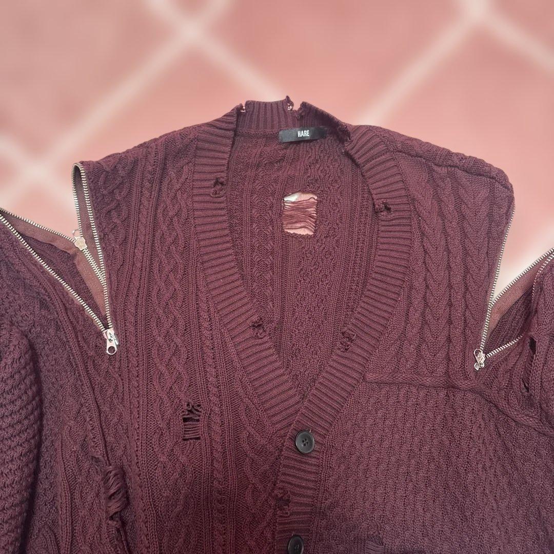 売り切り　新品　HARE バーガンディ ケーブルニットカーディガン　ダメージ