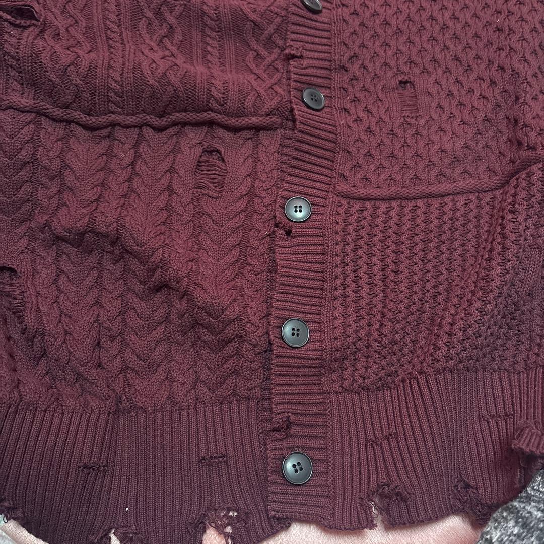 売り切り　新品　HARE バーガンディ ケーブルニットカーディガン　ダメージ