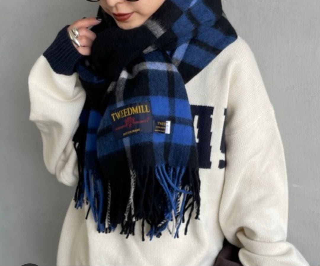 専用　TWEED MILL チェック柄　大判ストール　ブルー　ツイードミル